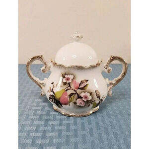 LEFTON CHINA SUGAR BOWL W/LID PAER FLORAL LEAF PATTERN NE 4354 Hand Panted